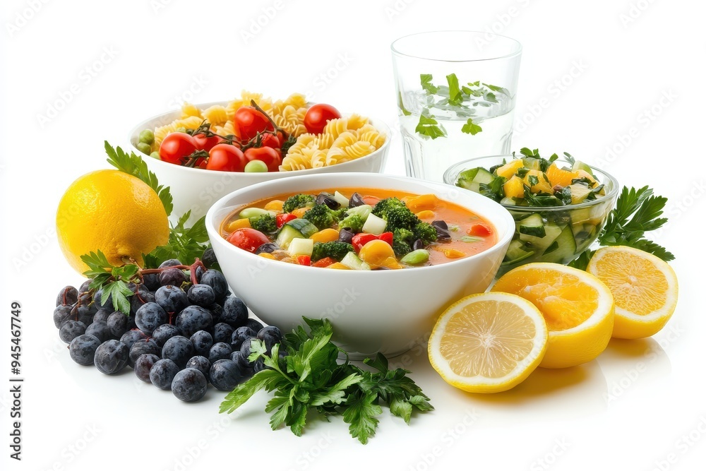 A vibrant assortment of healthy foods including pasta, vegetables, fruits, and drinks. A vibrant assortment of healthy foods including pasta, vegetables, fruits, and drinks.