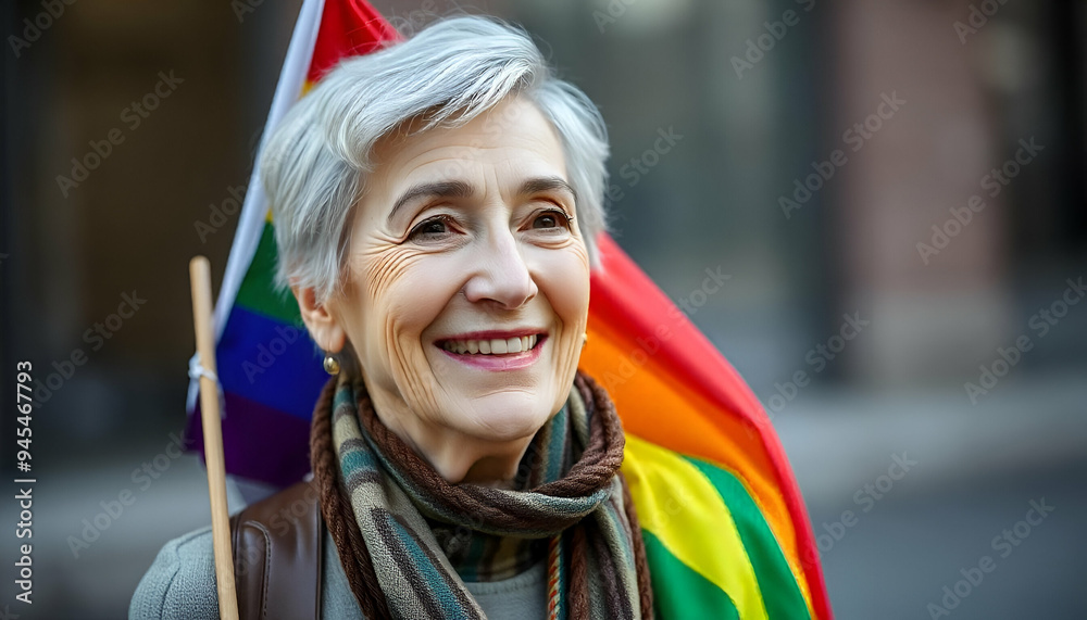 An elderly Caucasian woman with short gray hair smiling and holding a rainbow flag in daylight against a background of a park An elderly Caucasian woman with short gray hair smiling and holding a rainbow flag in daylight against a background of a park