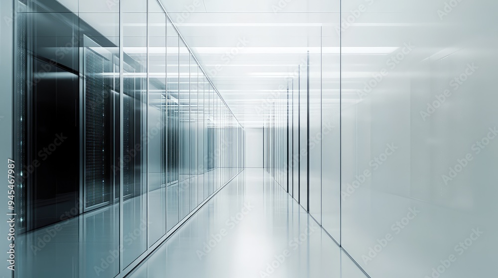 Industrial minimalism in a data center, featuring glass server enclosures and a light background, Industrial minimalism in a data center, featuring glass server enclosures and a light background,