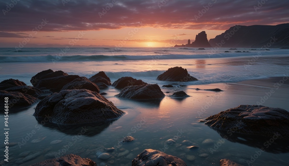 Obraz premium Serene Sunset Over Rocky Shoreline