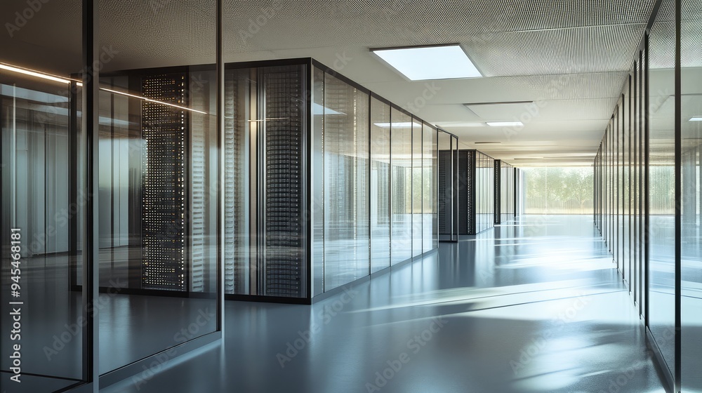 Minimalist data center with glass-walled server units, industrial design, realistic rendering, sharp and detailed, Minimalist data center with glass-walled server units, industrial design, realistic rendering, sharp and detailed,