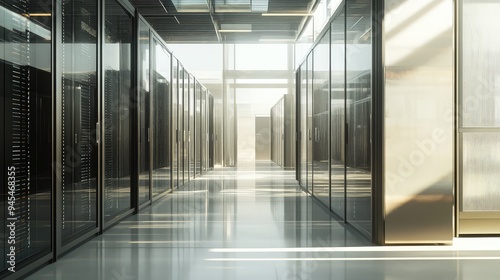 Wallpaper Mural Minimalist data center with glass-walled server units, industrial design, realistic rendering, sharp and detailed, Torontodigital.ca