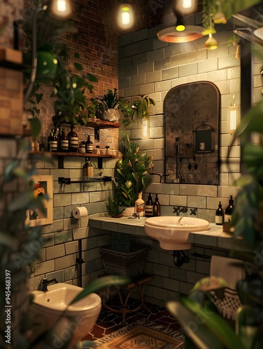 Illustration of A stylish bathroom in cluttercore style, with trendy tiles, a plethora of vintage bottles, plants, and artistic clutter creating a cozy, lived-in feel. Ai Generate.
 photo