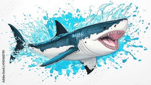 Dynamic illustration of a shark leaping through vibrant blue splashes, capturing the power and grace of this ocean predator. photo