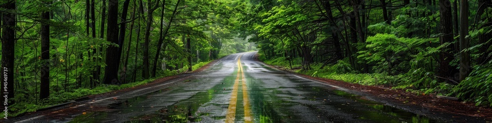 Obraz premium Scenic roadway bordered by vibrant greenery on either side