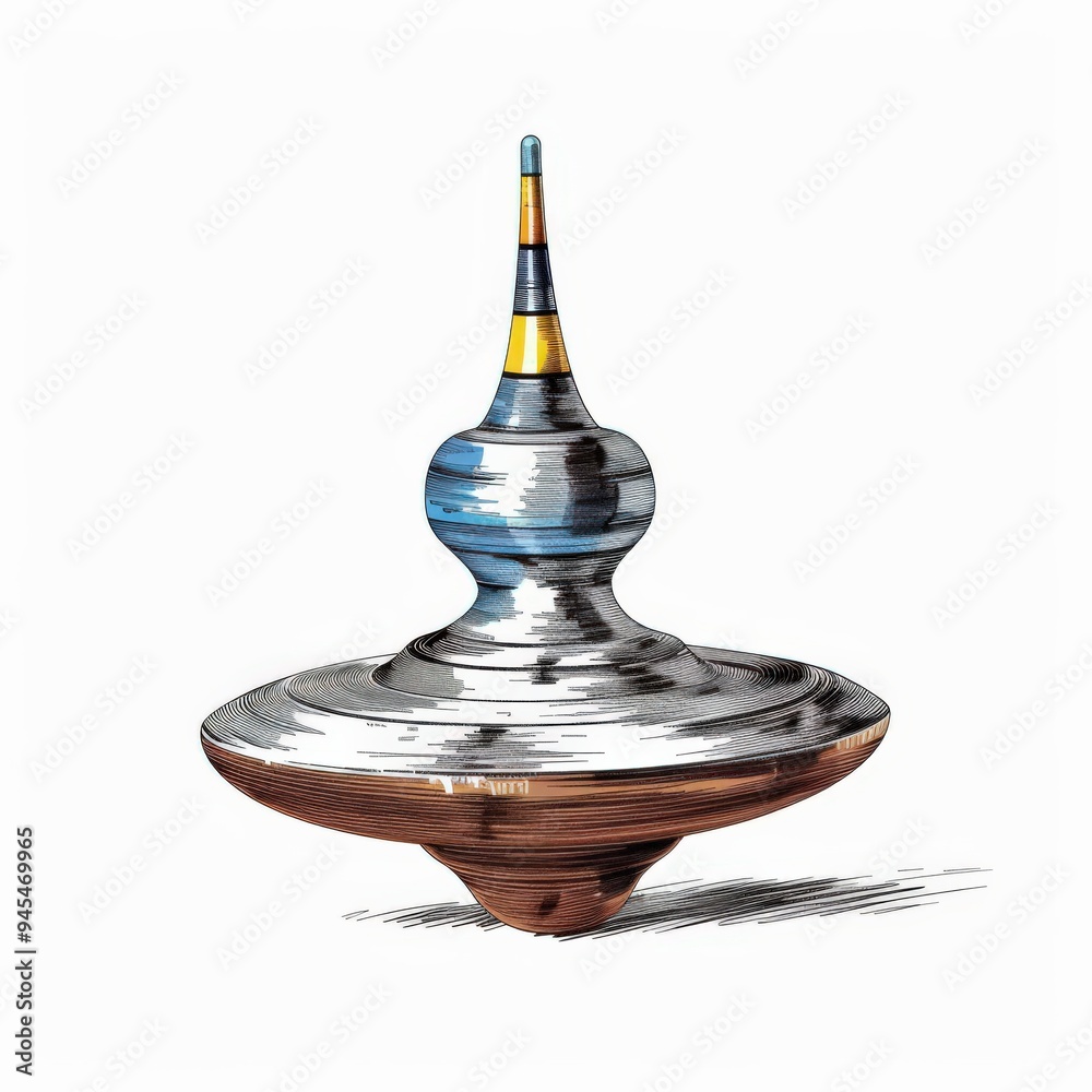 A detailed pencil drawing of a spinning top, showcasing its wooden base, metal body, and colorful, striped tip A detailed pencil drawing of a spinning top, showcasing its wooden base, metal body, and colorful, striped tip