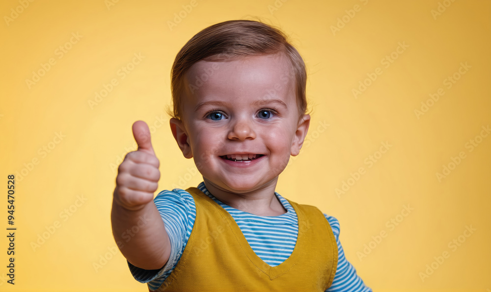 A young boy gives a thumbs up while smiling, standing in front of a yellow background A young boy gives a thumbs up while smiling, standing in front of a yellow background