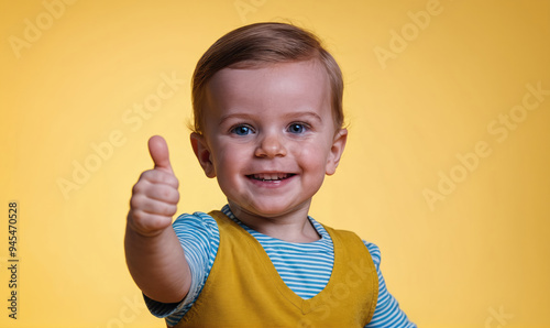 A young boy gives a thumbs up while smiling, standing in front of a yellow background