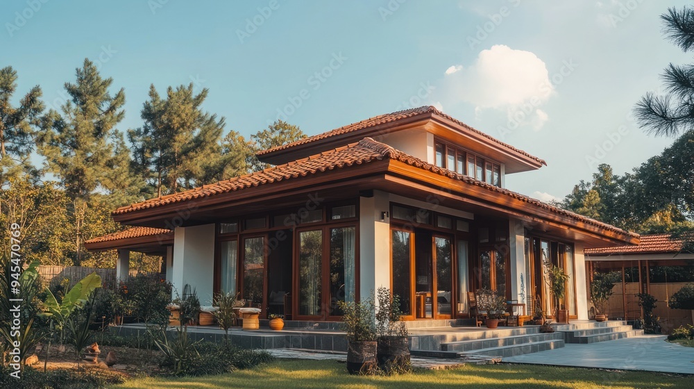 Modern wooden house with large windows and a patio with a view of a garden. Modern wooden house with large windows and a patio with a view of a garden.