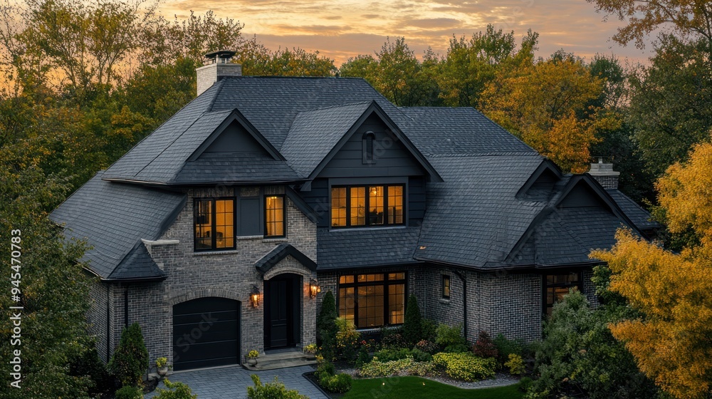 Brick house with black roof and windows, illuminated by warm light from inside, surrounded by trees in autumn. Brick house with black roof and windows, illuminated by warm light from inside, surrounded by trees in autumn.