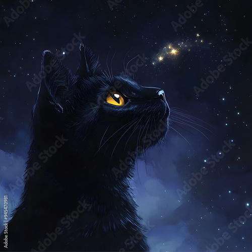 a black tuxedo cat with a panther aura in the night sky