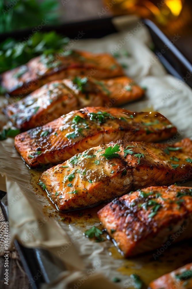 Deliciously baked salmon fillets garnished with herbs on a baking tray in a rustic kitchen setting during late afternoon Deliciously baked salmon fillets garnished with herbs on a baking tray in a rustic kitchen setting during late afternoon