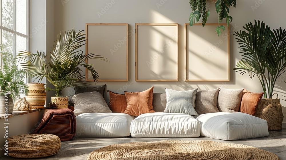 Mockup of cozy boho modern home, a neutral colored wall with mockups of 4 empty square black wall art frames. Generative AI. Mockup of cozy boho modern home, a neutral colored wall with mockups of 4 empty square black wall art frames. Generative AI.