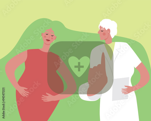 Pregnant woman consults krach online, tech doctor visit, flat vector stock illustration