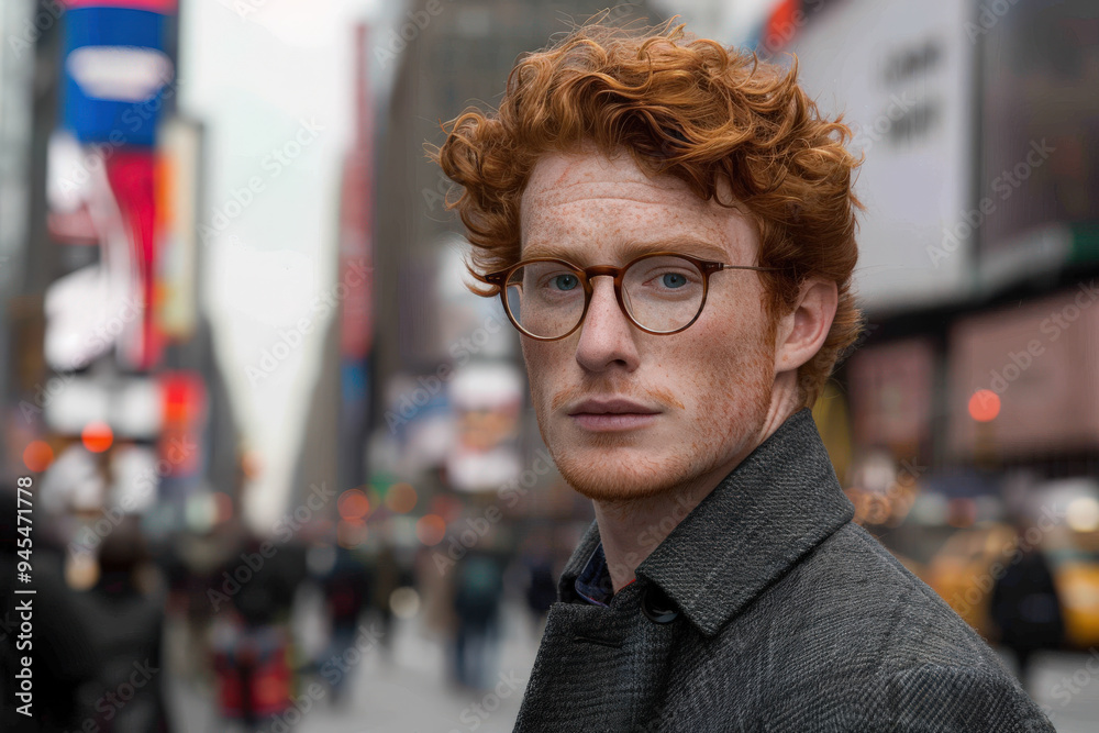 Young Man with Red Hair and Glasses in Urban Setting Young Man with Red Hair and Glasses in Urban Setting