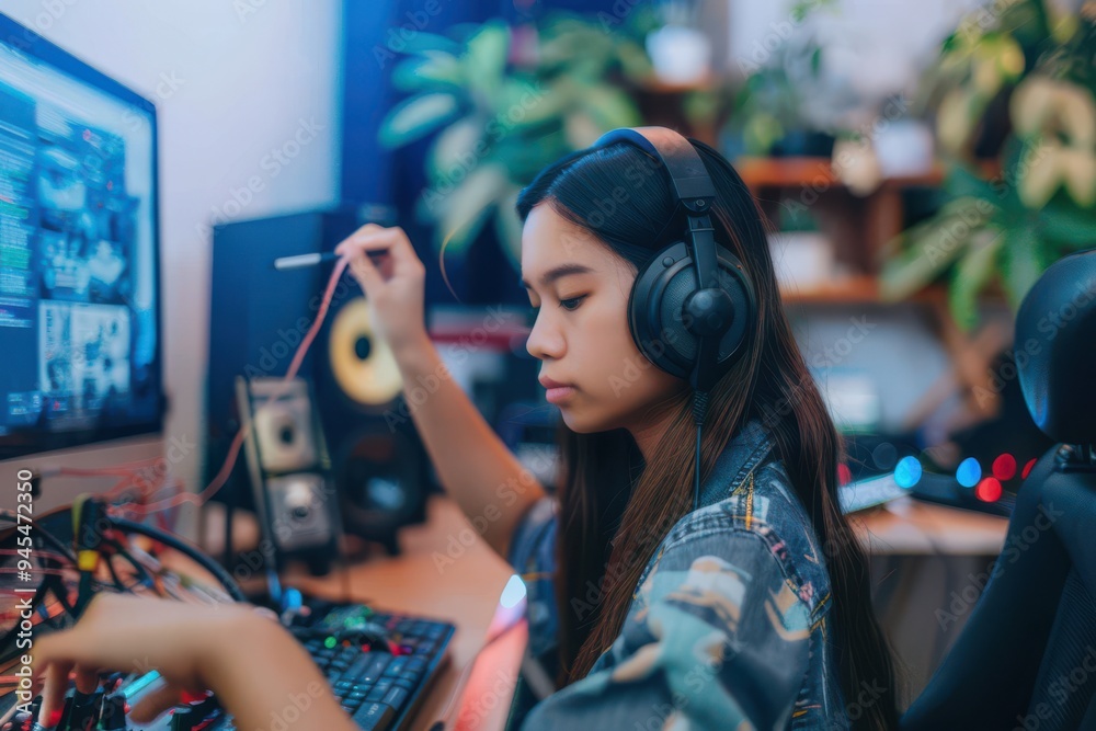 Artist is doing the artworks-stock photo Young graphic designer create her own work on digital equipment at the home office Artist is doing the artworks-stock photo Young graphic designer create her own work on digital equipment at the home office