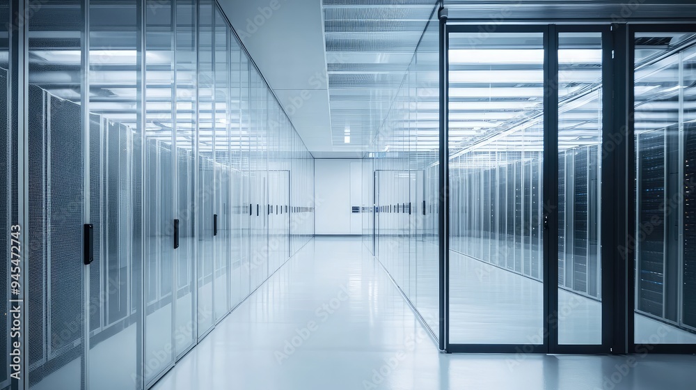 Sleek, modern data center with transparent glass server racks and a clean, detailed aesthetic. Sleek, modern data center with transparent glass server racks and a clean, detailed aesthetic.