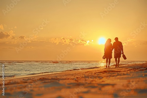 Senior couple walking on beach Full length rear view of senior couple walking on beach during sunset