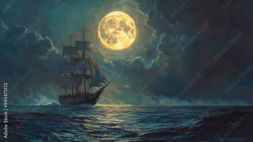 custom made wallpaper toronto digitalBreathtaking seascape featuring a sailing ship set against a glowing full moon Moonlight reflects on the water blending traditional oil painting with digital techniques