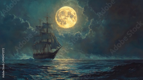 Wallpaper Mural Breathtaking seascape featuring a sailing ship set against a glowing full moon Moonlight reflects on the water blending traditional oil painting with digital techniques Torontodigital.ca