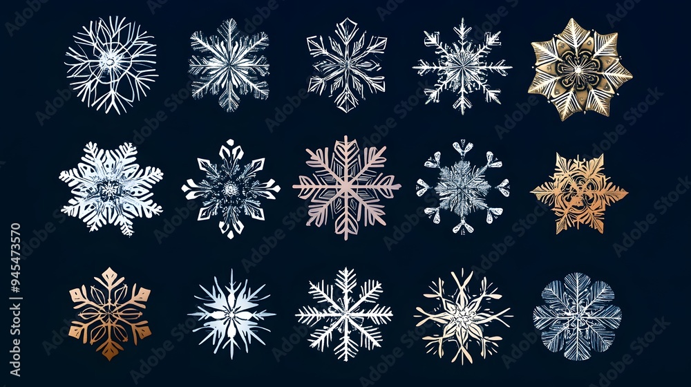 Snowflake designs in a Christmas-themed vector illustration featuring intricate patterns delicate shapes and a festive holiday color palette Snowflake designs in a Christmas-themed vector illustration featuring intricate patterns delicate shapes and a festive holiday color palette