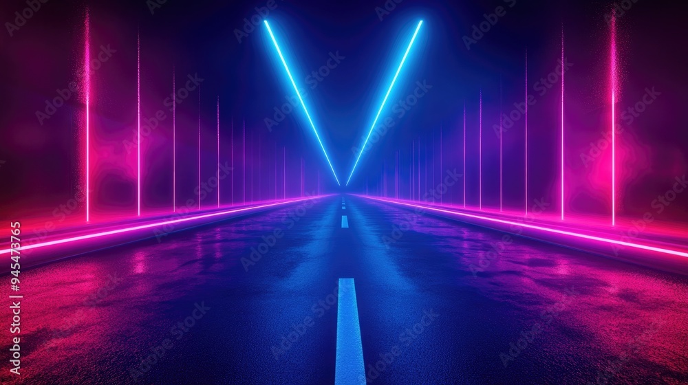 Dark abstract background with an empty street Neon lights illuminating an unoccupied road creating a nighttime cityscape ambiance Dark abstract background with an empty street Neon lights illuminating an unoccupied road creating a nighttime cityscape ambiance