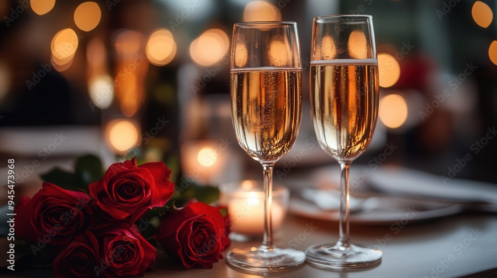 intimate candlelit table adorned with deep red roses and champagne flutes soft focus background hints at other couples creating a romantic ambiance for a valentines day celebration of love intimate candlelit table adorned with deep red roses and champagne flutes soft focus background hints at other couples creating a romantic ambiance for a valentines day celebration of love