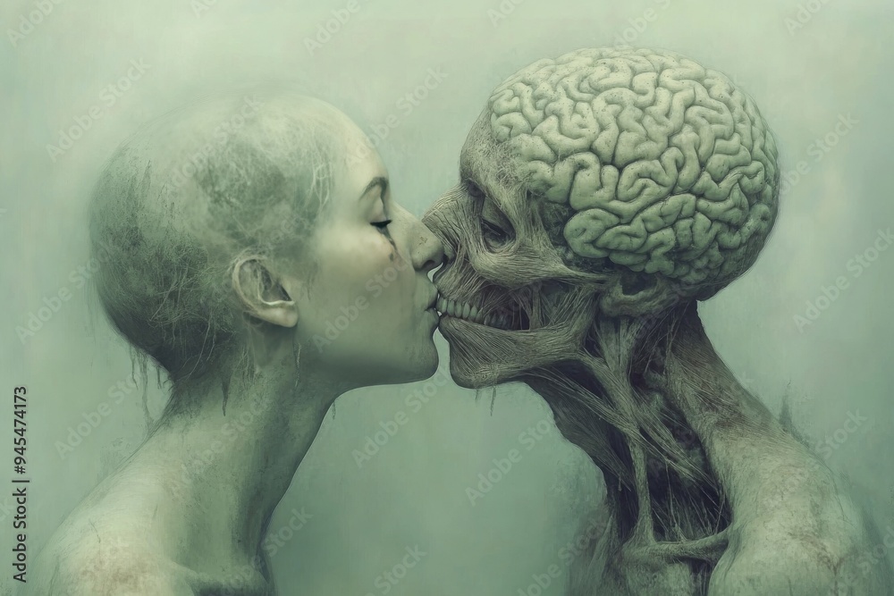 Surreal Sculpture of a Kiss Between Human and Skeletal Figures Representing the Intersection of Life and Death and the Fragility of Human Existence Surreal Sculpture of a Kiss Between Human and Skeletal Figures Representing the Intersection of Life and Death and the Fragility of Human Existence