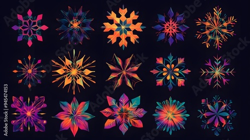 Colorful vector snowflakes in a Christmas style with vibrant shades and festive details