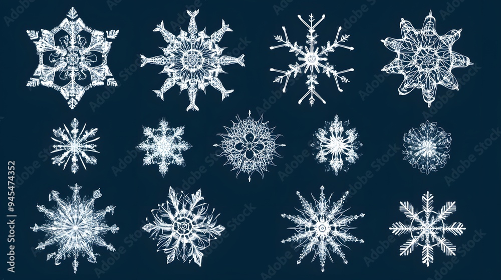 Intricate snowflake vector illustration set with a Christmas theme and a mix of symmetrical designs