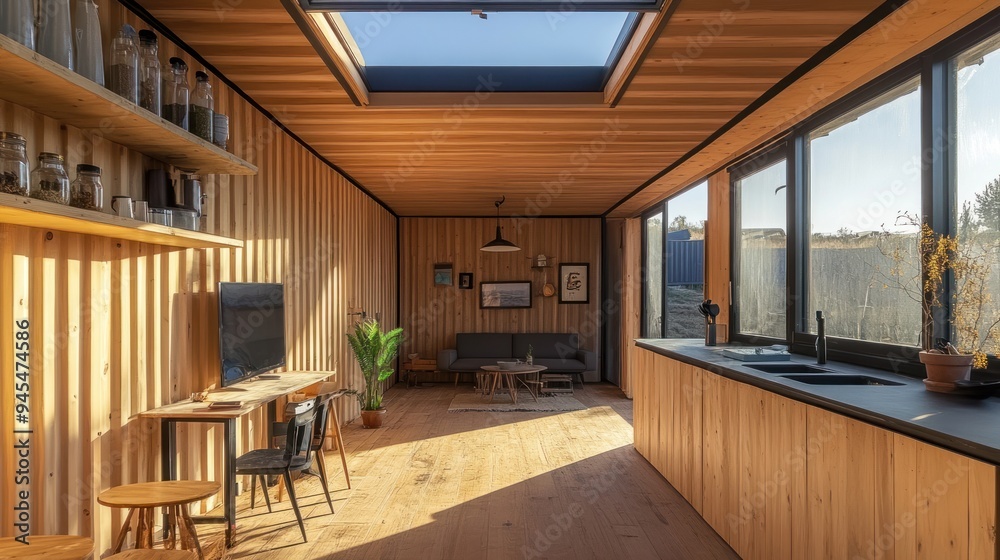 Modern interior design with wood paneling, a skylight, and a view of the outdoors. Modern interior design with wood paneling, a skylight, and a view of the outdoors.