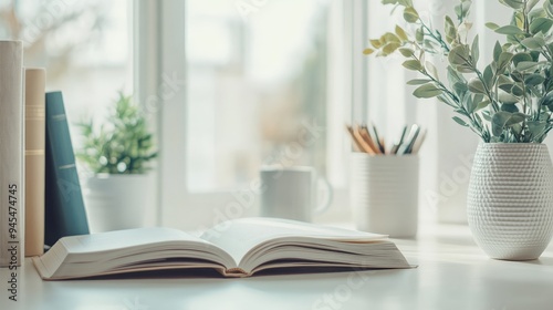 A serene and calm study area with an open book on a white desk  potted plants  stationery  and a window allowing light in  providing a fresh and inspiring workspace.