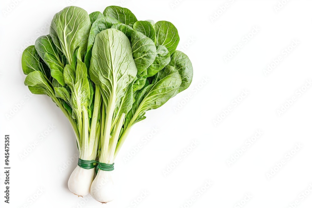 A bundle of fresh bok choy with vibrant green leaves and white bulbs. A bundle of fresh bok choy with vibrant green leaves and white bulbs.