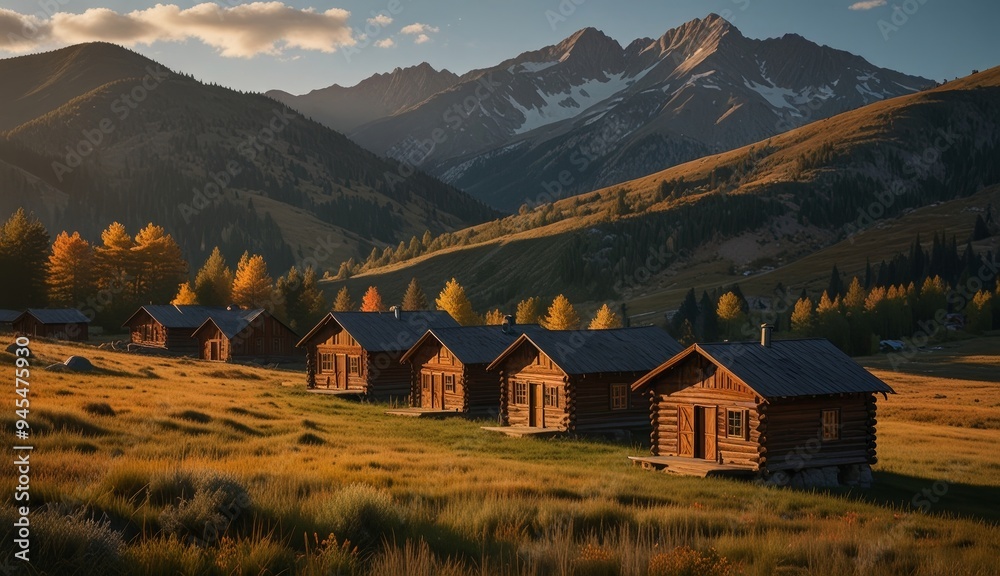 Obraz premium Serene Mountain Cabins at Sunset