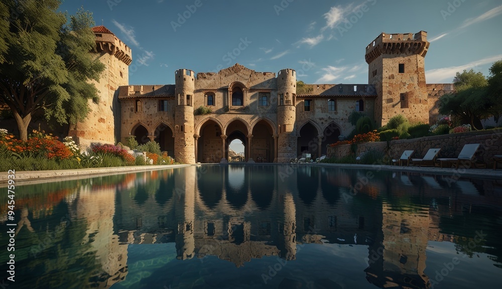 Fototapeta premium Majestic Castle Reflected in Pool