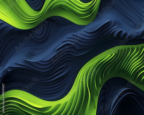 Illustration of A trendy abstract background with a gradient shift from bright lime green to deep navy blue, showcasing subtle, flowing waves and dynamic textures. Ai Generate.