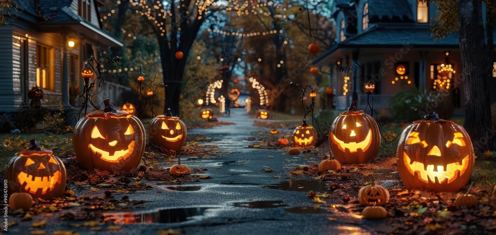 Charming Halloween street with illuminated jack-o'-lanterns, festive lights, and autumn leaves creating a spooky, yet cozy atmosphere.