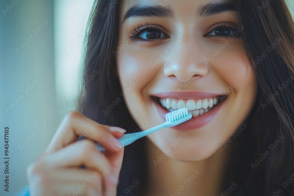 A young woman is seen brushing her teeth with a light blue toothbrush, her bright smile reflecting good dental hygiene practices and the freshness of her morning routine.
