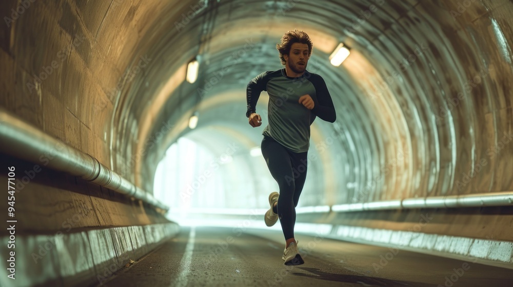 A man is hastily running through a long tunnel that is completely dark