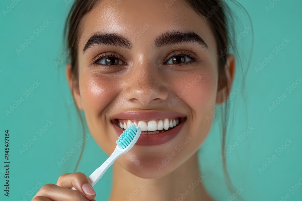 An attractive woman brushing her teeth with a turquoise toothbrush, smiling warmly against a vibrant green backdrop, exemplifying dental hygiene and a cheerful mood. An attractive woman brushing her teeth with a turquoise toothbrush, smiling warmly against a vibrant green backdrop, exemplifying dental hygiene and a cheerful mood.