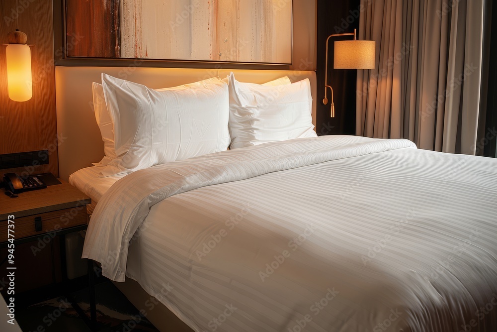 A pristine king-sized bed with white linens is made up in a hotel bedroom. Warm lighting illuminates the room, creating a cozy and inviting atmosphere A pristine king-sized bed with white linens is made up in a hotel bedroom. Warm lighting illuminates the room, creating a cozy and inviting atmosphere