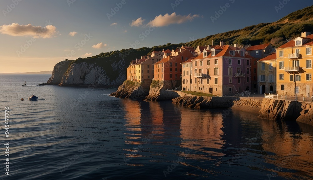 Fototapeta premium Serene Coastal Village at Sunset