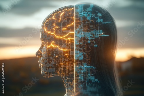 Abstract Female Face with Glowing Digital Interface Depicting the Fusion of Human Consciousness Cognitive Processes and Artificial Intelligence photo