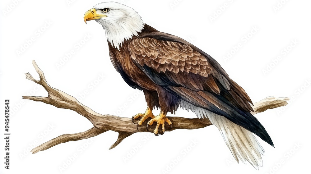 Watercolor Illustration of Bald Eagle Perched on Branch Watercolor Illustration of Bald Eagle Perched on Branch