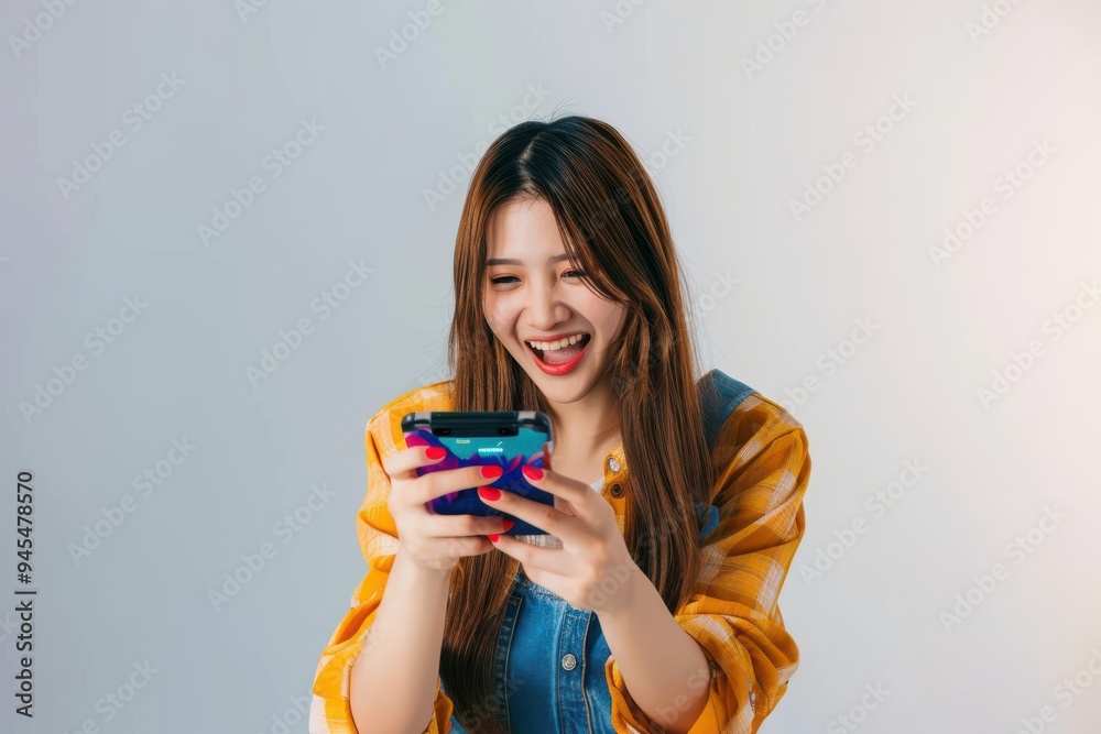 Excited young Asian woman playing games with smartphone on white background. Excited young Asian woman playing games with smartphone on white background. Excited young Asian woman playing games with smartphone on white background. Excited young Asian woman playing games with smartphone on white background.