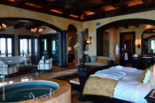 A spacious and elegant master suite with a king-sized bed, a private jacuzzi, and views of a tropical paradise photo