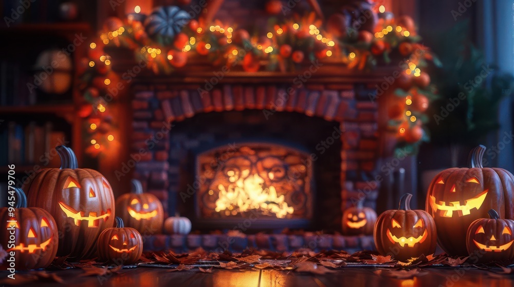 Cozy Halloween scene with glowing jack-o'-lanterns and festive decorations in front of a warm fireplace, capturing the spirit of autumn. Cozy Halloween scene with glowing jack-o'-lanterns and festive decorations in front of a warm fireplace, capturing the spirit of autumn.