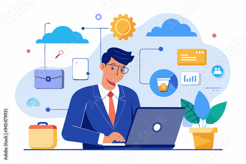 SaaS software as a service, cloud computing software for client subscription, internet web application online platform provider concept, businessman working with computer laptop on SaaS screen
