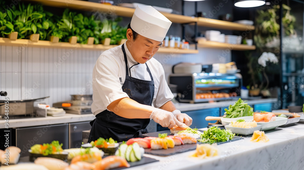 Obraz premium Asian male chef preparing sushi in the kitchen