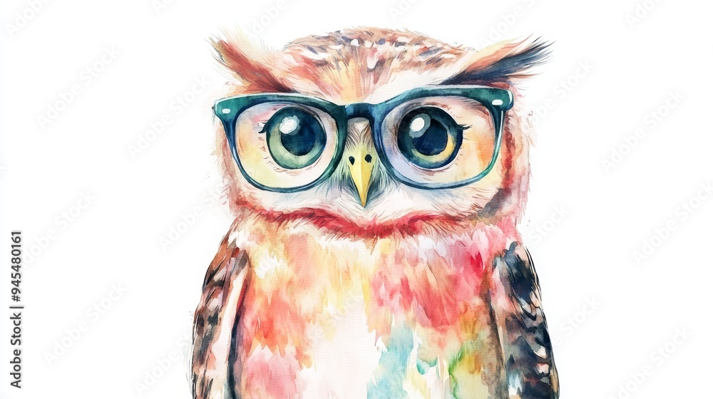 Fototapeta premium Watercolor Owl with Glasses Bird Portrait Illustration